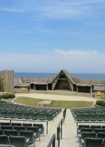 The reconstructed earthwork fort and palisade at Fort Raleigh National Historic Site, with the sound visible beyond