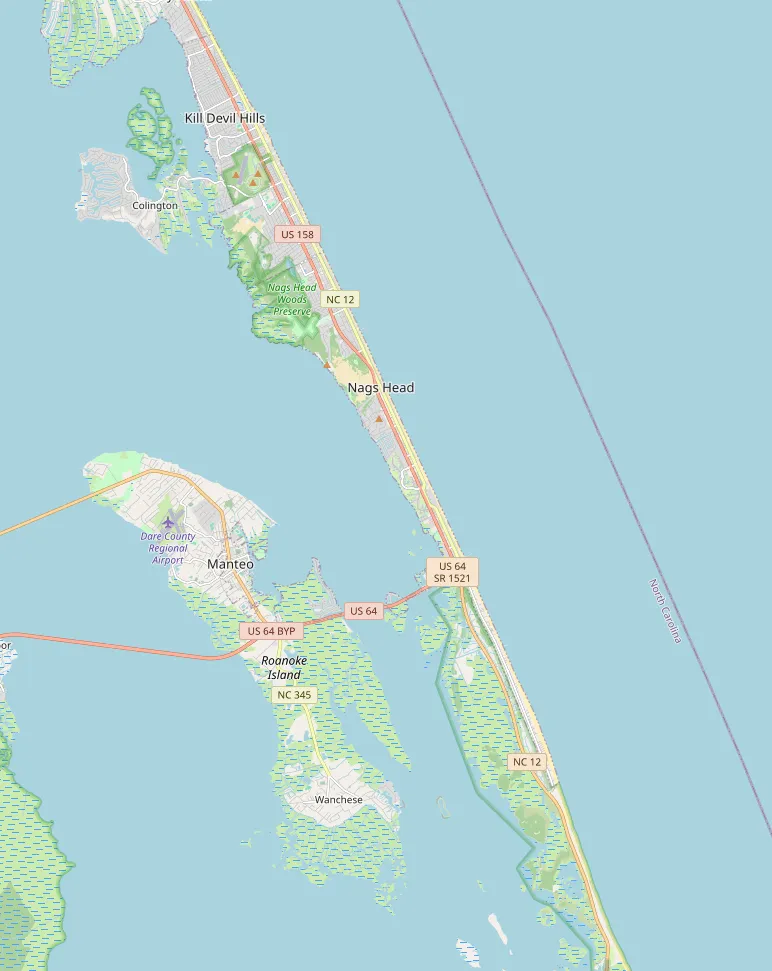 Map of the hotel and selected nearby places: Mariner Inn & Suites; Wright Brothers National Memorial, Jockey’s Ridge State Park, Jennette’s Pier, Bodie Island Lighthouse